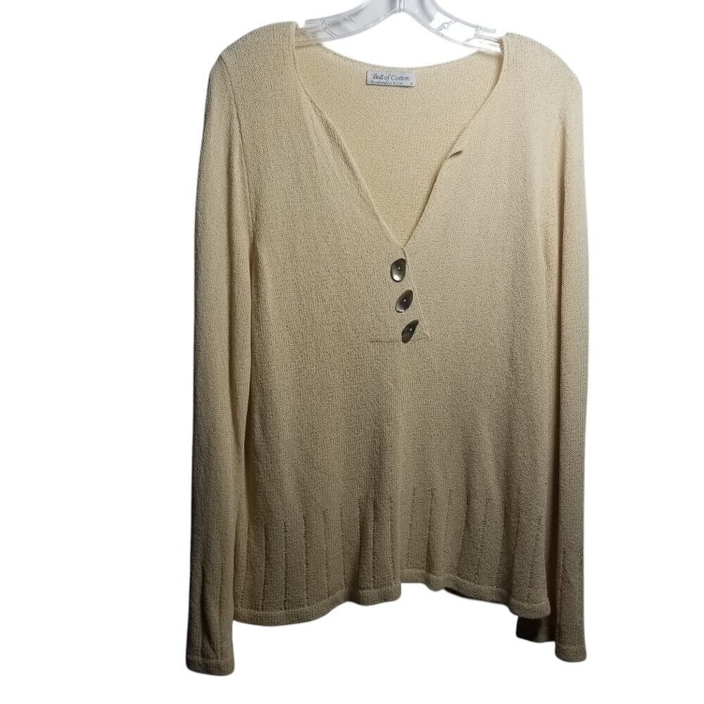 Vtg Ball of Cotton Handloomed Beige Oversized Lightweight Coastal Knit Top Sz S